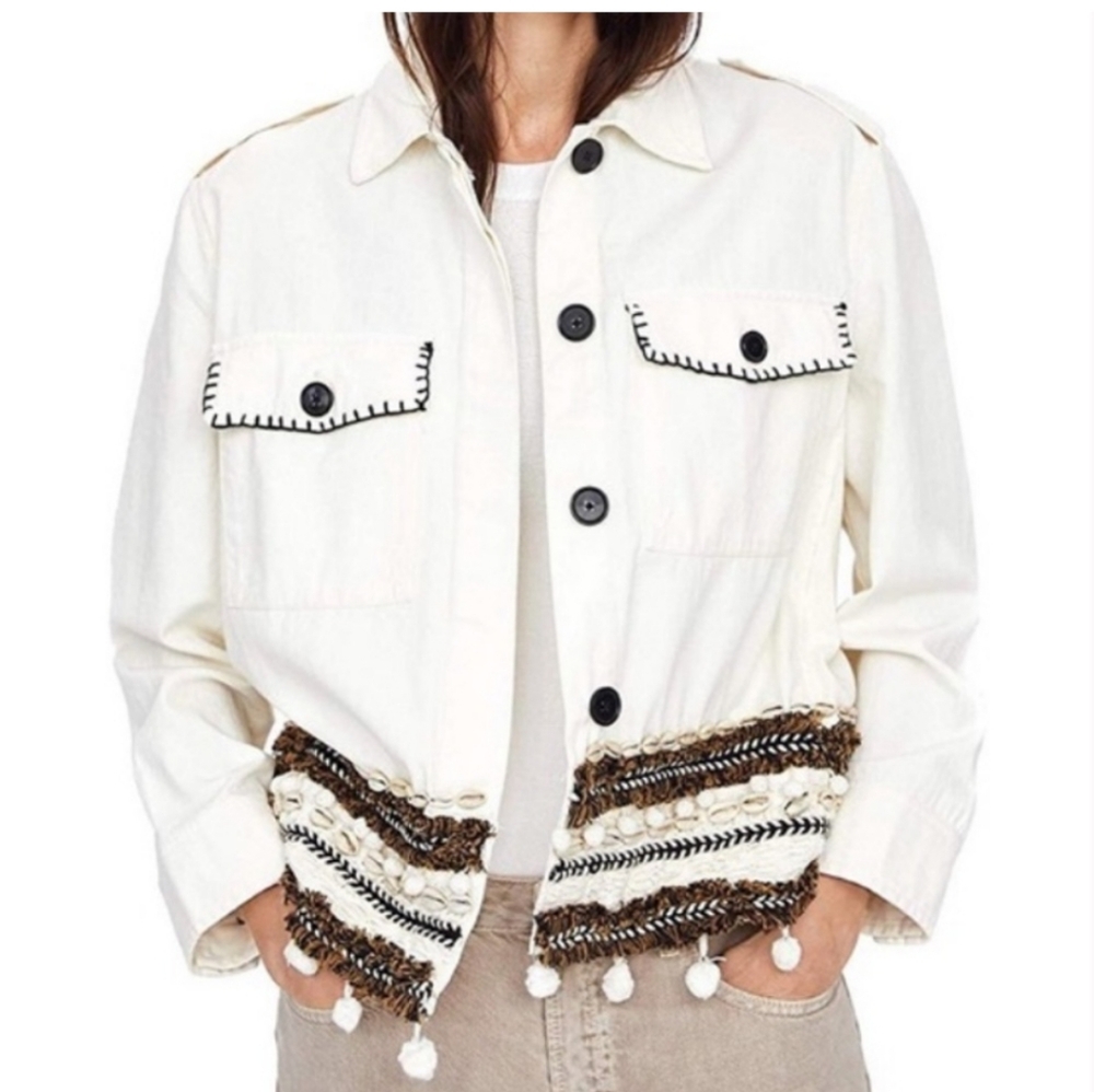 Zara White Utility Jacket with Brown Accents